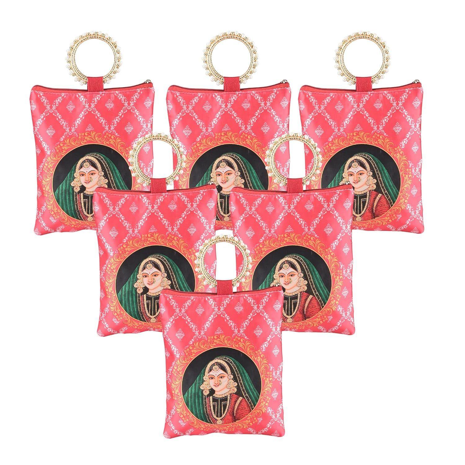 

6 Pcs Silk Small Hand Bags for Women Stylish with Zip & Handle | Traditional Handheld Bags for Women | Ethnic Ladies Purse Handbag for Return Gifts