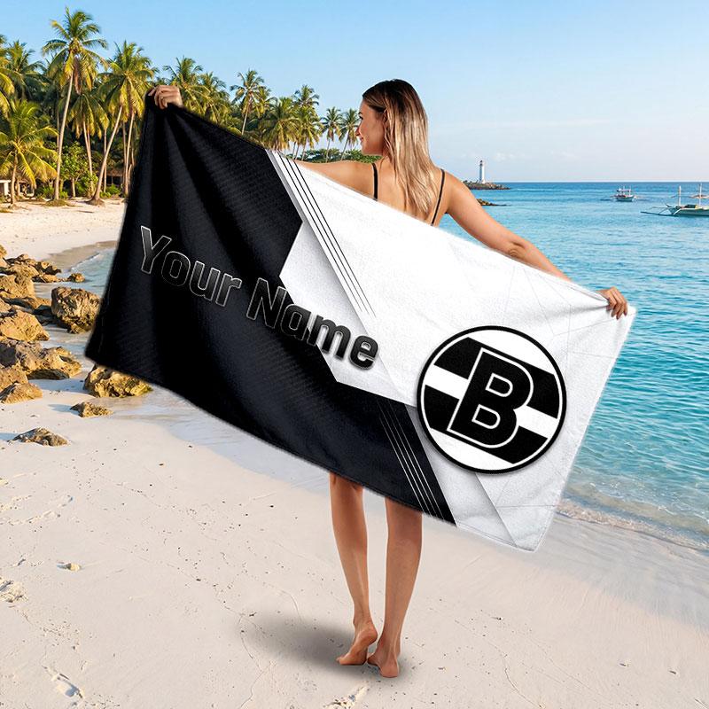 Borussia Mönchengladbach Custom Beach Towel, Personalized Name Text Print, Football Logo Soft Quick‑Dry Towel Holiday Gift