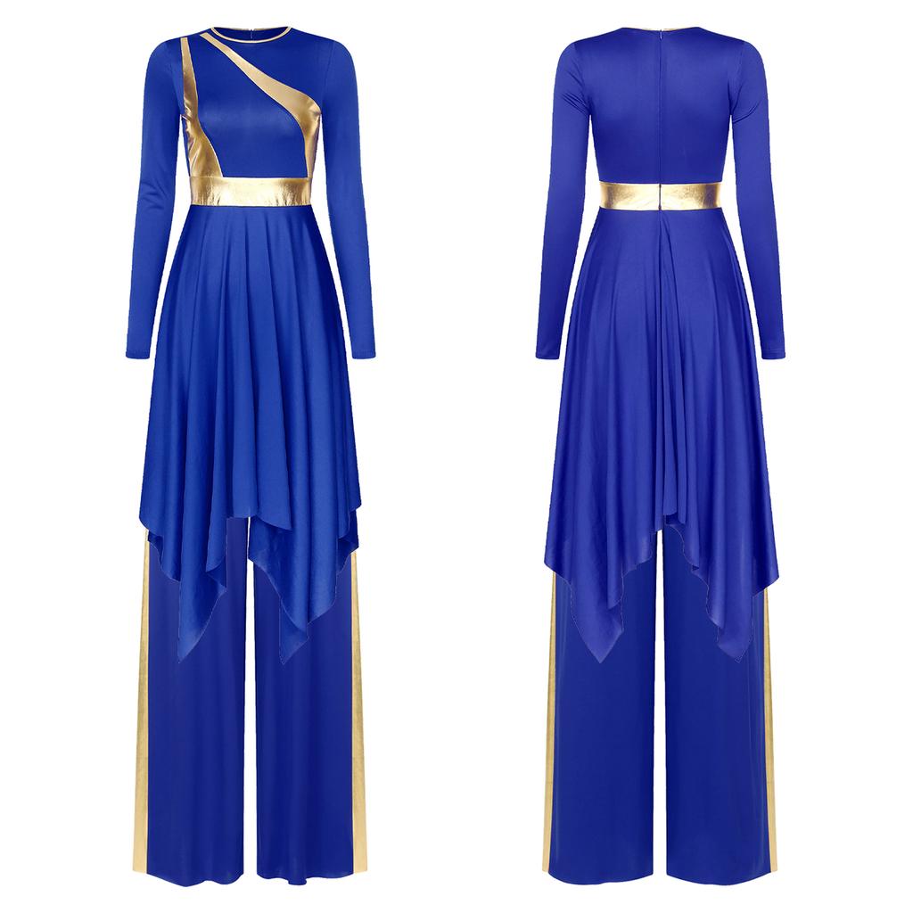 Women's Worship Dance Costume S-XXL: Round Neck Long Sleeve Metallic Shiny Patchwork Irregular Dress with Wide-Leg Pants for Church Performance