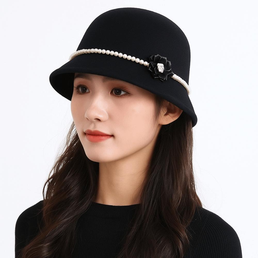 French Style Flower Topper Hat Pearl Woolen Bucket Hat Fashion Fisherman Hat Famale