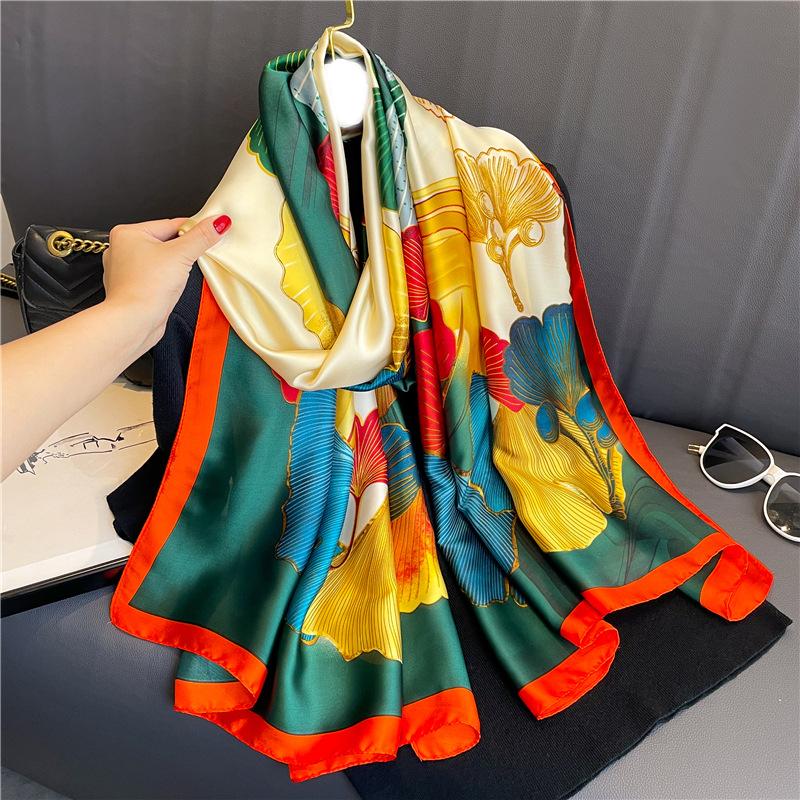 

Ginkgo biloba ladies shawl vacation beach scarf silk scarf commuter thin beautiful brocade imitation silk scarf new silk scarf 180*80cm