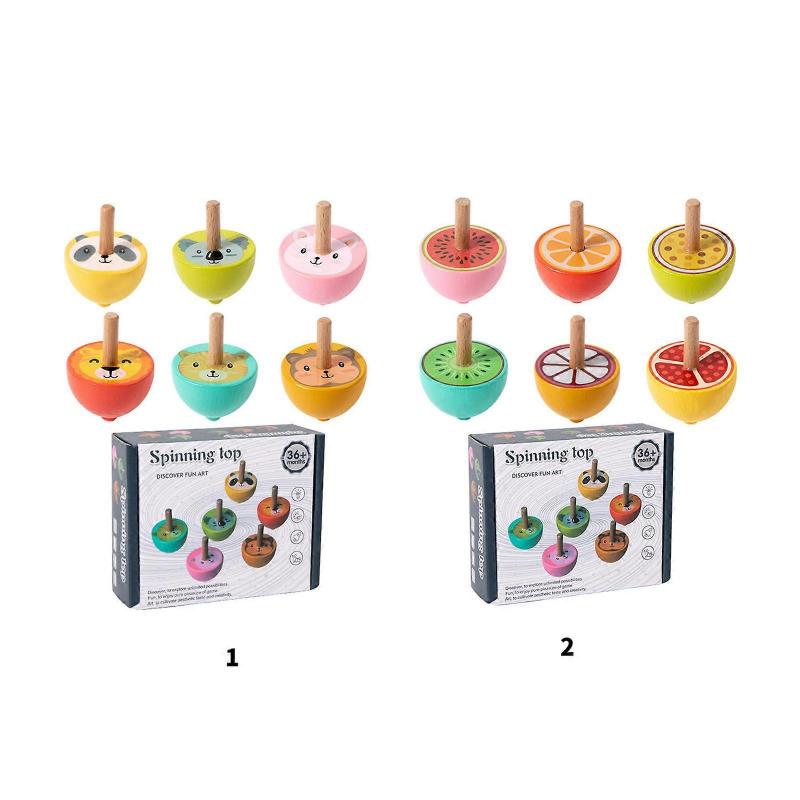 Klassisches hölzernes Kreiselspielzeug für Kinder Cartoon-Thema Interaktives Spielzeug Nostalgischer Kreisel Handübungsspielzeug 6 Stück Mehrfarbig