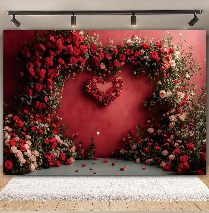 February 14 Valentine's Day Photography Backdrop Red Rose Arched Heart Flowers Romantic Wedding Bridal Shower Photo Background