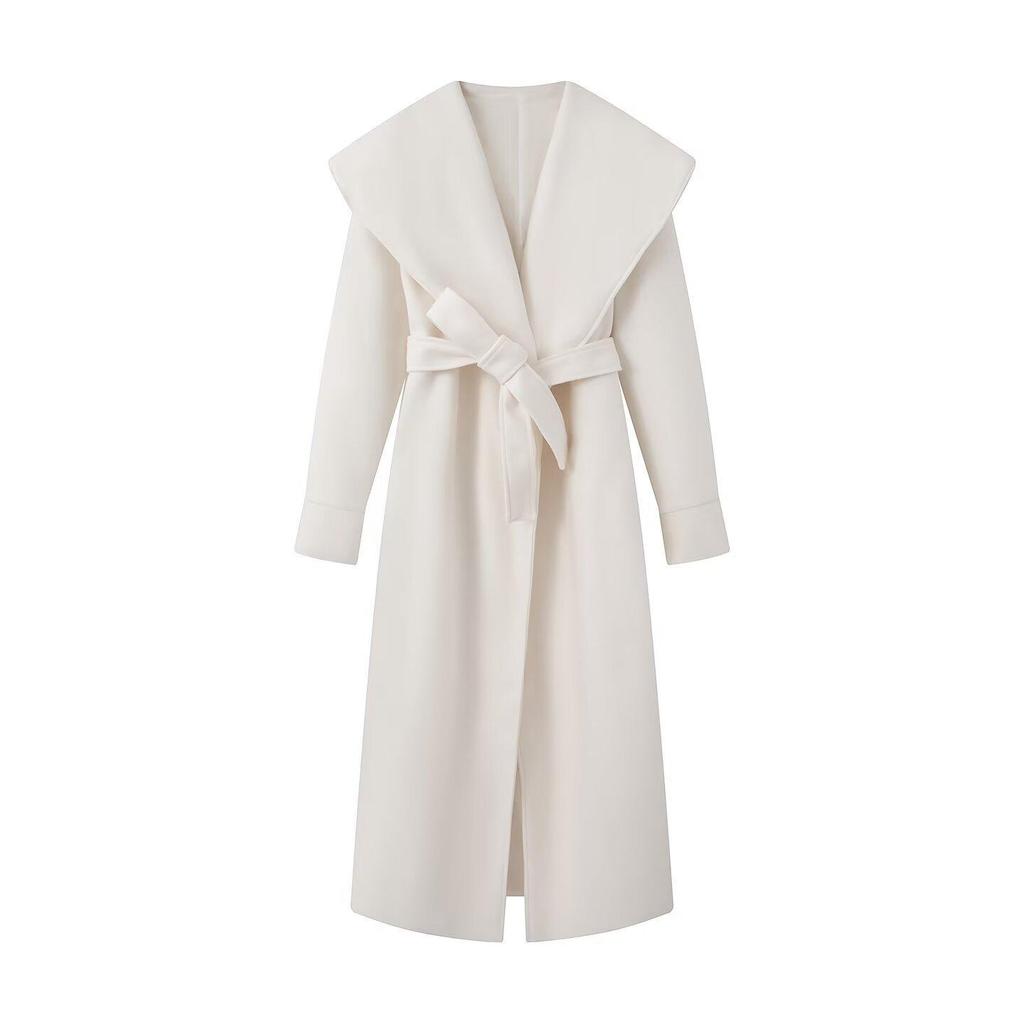 European Style Women's Woolen Coat with Belted Waist and Lapel