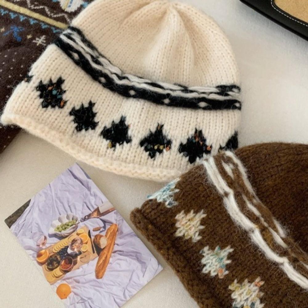 Knitted Retro Beanie Hat Warm Winter Cold Hat Vintage Style Jacquard Knitted Hat  Winter