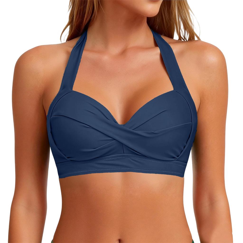 Women Neck Bikini Top Front Padded Swimwear Adjustable Back Strap Supportive Bathing Suit Top