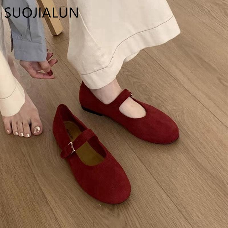 Fashion SUOJIALUN Spring New Brand Women Flat Shoes Fashion Round Toe Ladies Elegant Mary Jane Shoes Soft Flat Heel Dress Single Shoes