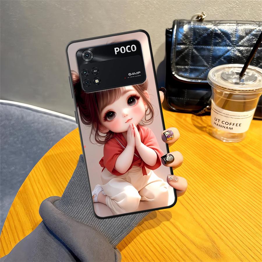 מארז ל-Xiaomi Poco X3 X4 X5 X7 Pro C61 M3 M4 M7 Pro C50 F3 C40 C71 F1 M5 C75 כיסוי טלפון שחור רך דוגמת ילדה מצוירת