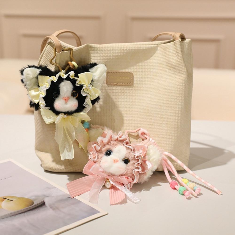 Bow Decor Cat Keychain Vintage Bag Charm Romantic Plush Doll  Key Decoration