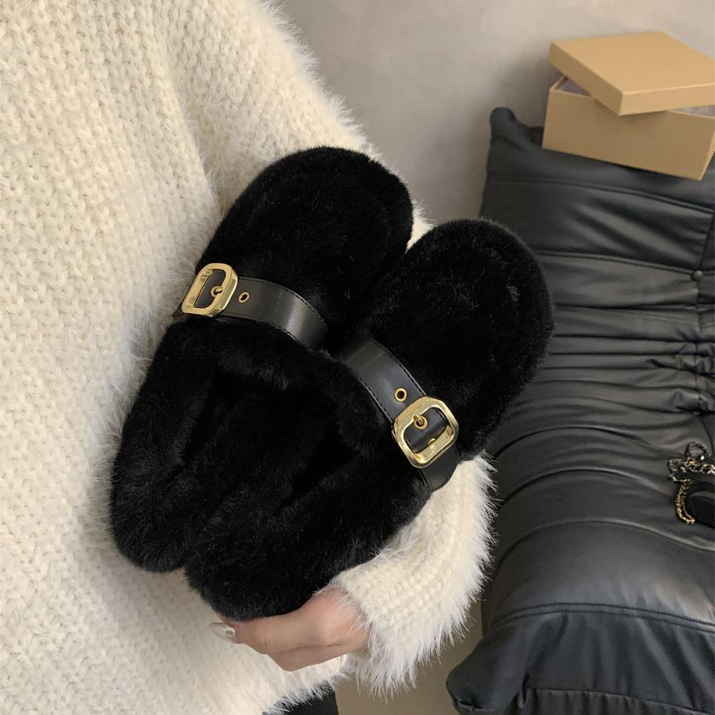 One pedal fairy mink hairy shoes female outer wear Internet celebrity Korean version soft flat beanie shoes female winter velvet cotton ladyshoes