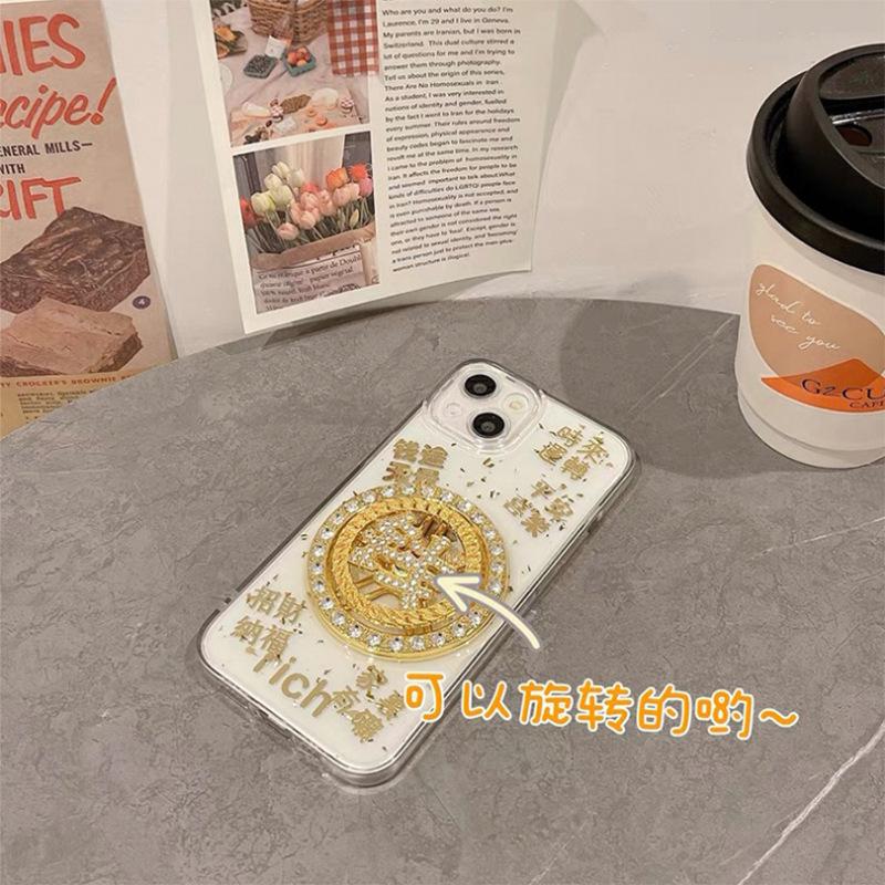For Apple 17promax Rotating Money Phone Case for IPhone 16 Plus Fortune Gold Foil 14 Transparent Dropping Adhesive 15