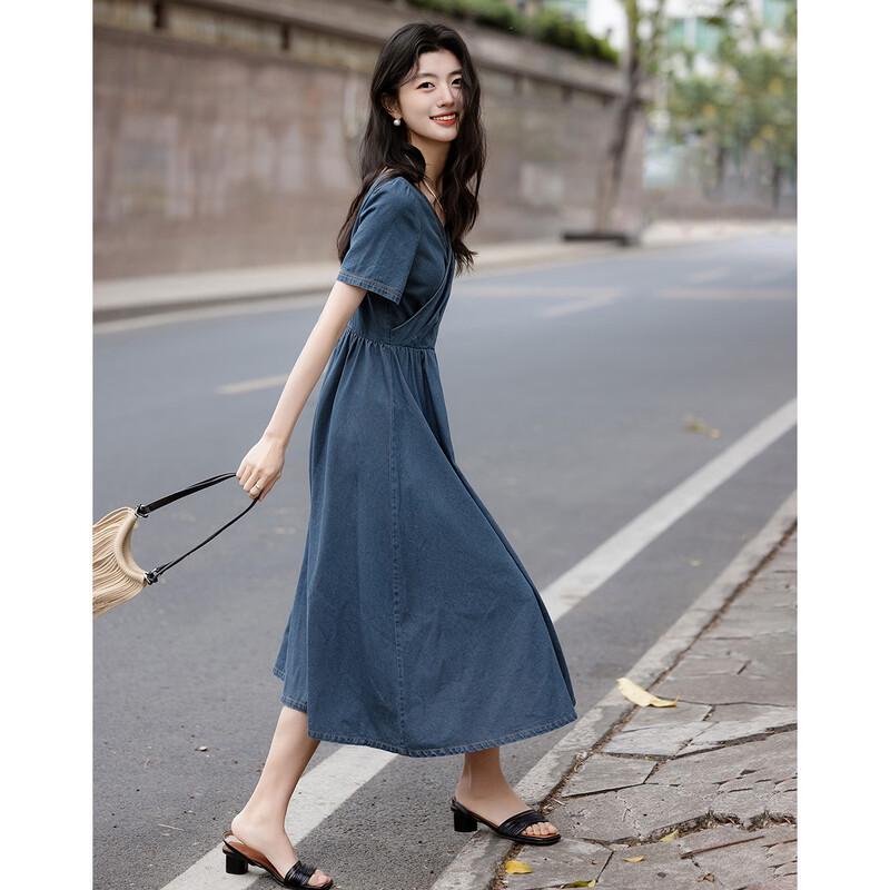 

Retro French V-Neck Denim Wrap Midi Dress M