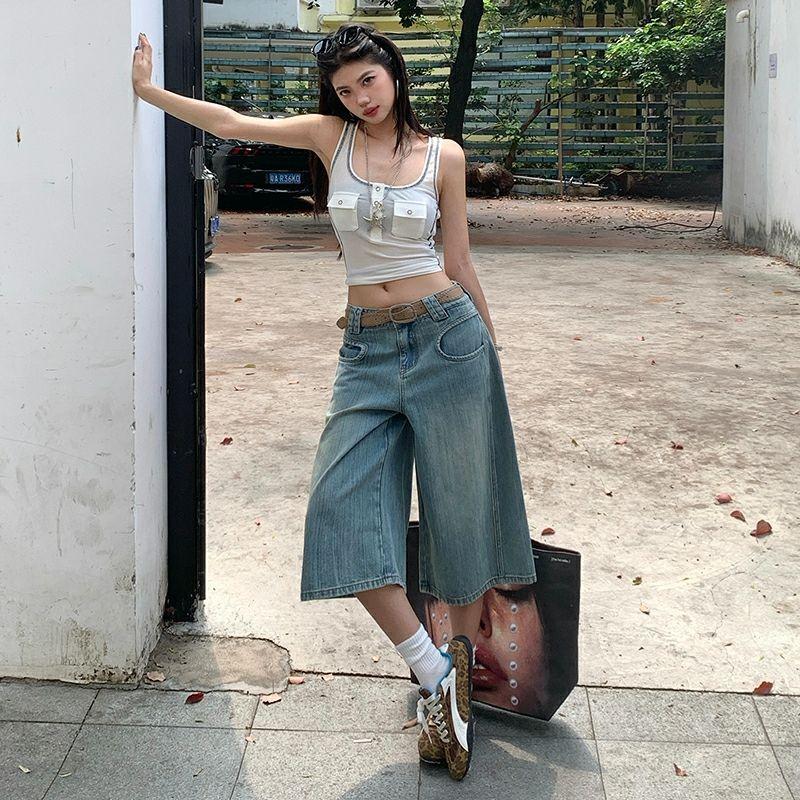 Trendy Summer Designer Slub Vintage Distressed Loose Straight Wide Leg Cropped Capri Denim Pants For Women Versatile Slimming Casual Bottoms