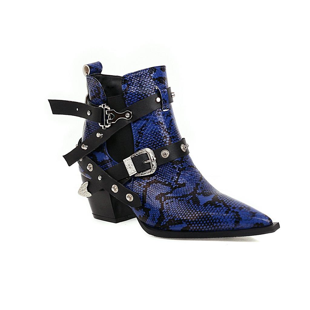 Fashion 40-45 Plus Size Sexy Snake Pattern Stretch Riding Botas High Heels Chelsea Bottes Pointed Toe Belt Buckle Ankle Boots Women 2025
