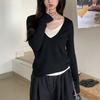 Autumn and winter new fake two-piece knitted pullover, women's solid color bottoming, V-neck long-sleeved top inside and outside
