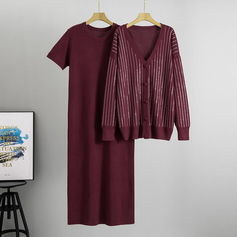 Rochie largă de primăvară și toamnă pentru femei plinute, cardigan tricotat cu aplicații termice, top casual la modă, costum din două piese