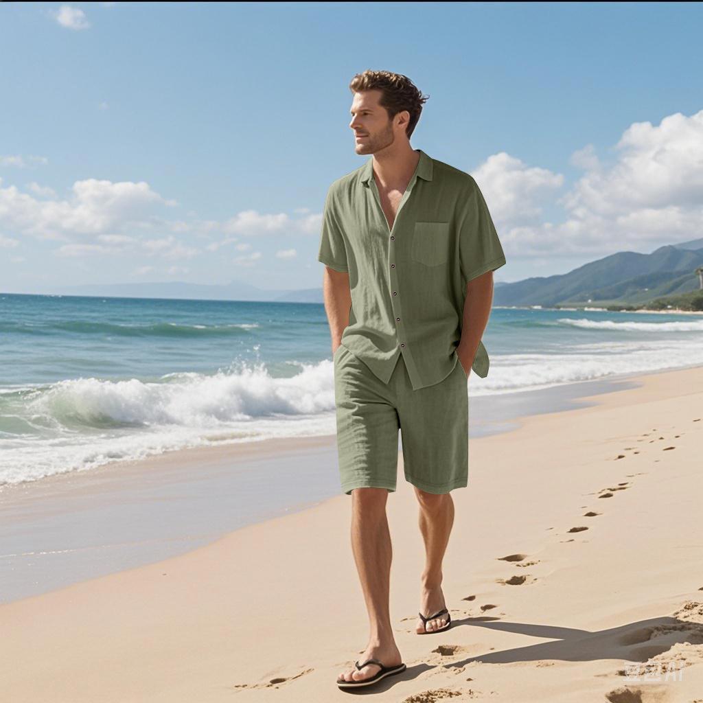 Men's Summer Linen Short-Sleeve Shirt & Shorts Set - Casual Loose Fit, Cotton-Linen Fabric.
