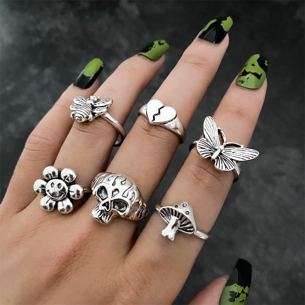 17KM Gothic Punk Steampunk Heart Butterfly Skull Ring Sets Party Jewelry 2021