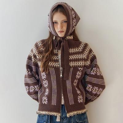 Nordic Pattern Knit Zip Up Cardigan   Scarf Set Ze11qd013na