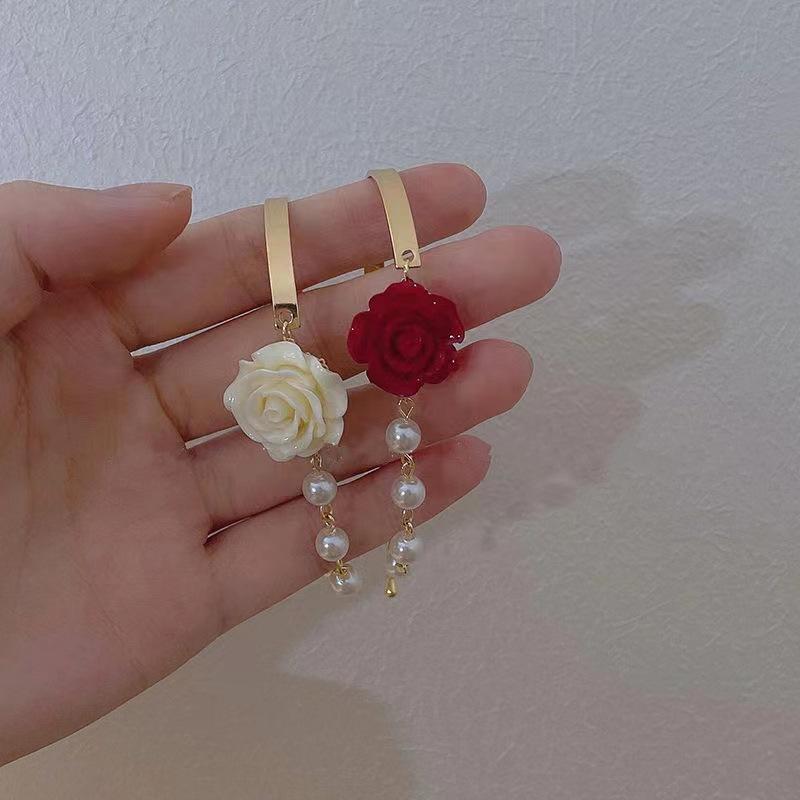Korean Style Red Rose Imitation Pearl Bracelet For Women Luxury Zircon Flower Butterfly Adjustable Cuff Bracelet Wedding Jewelry