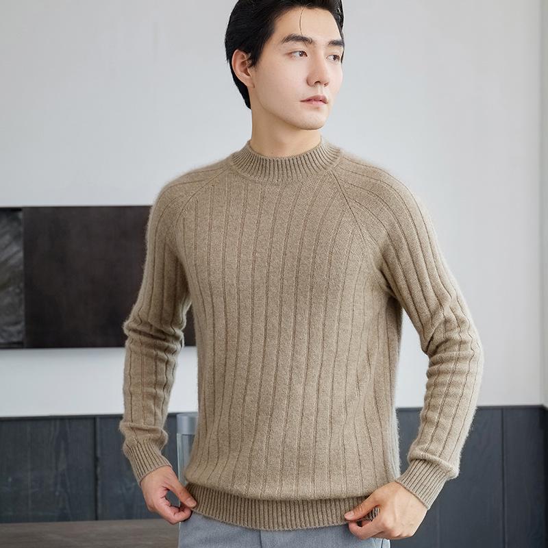 Men's Slim Fit Autumn Cable Knit Pullover Sweater - Korean Style Semi-High Neck Cashmere Shirt