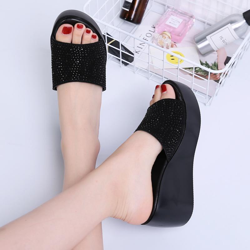 European Station Suede Sandals Women's Flower Rhinestone Leg Sandals Open-toed Thick-soled Wedge Heel Slippers