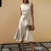 Women's Round Neck Sleeveless Ruffle Dress Summer High Waist Slim A-Line Banquet Cocktail  Dresses