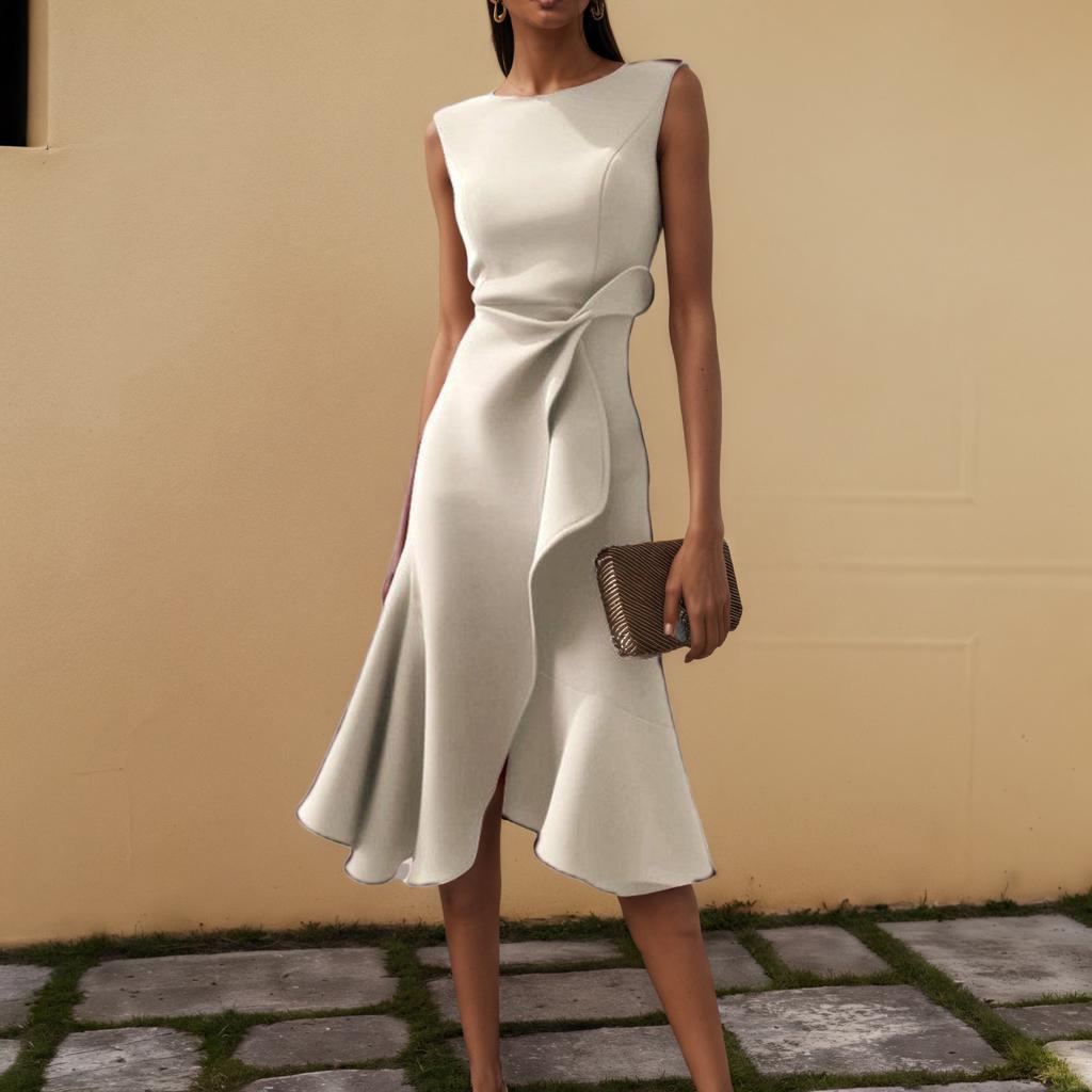 Women's Round Neck Sleeveless Ruffle Dress Summer High Waist Slim A-Line Banquet Cocktail  Dresses