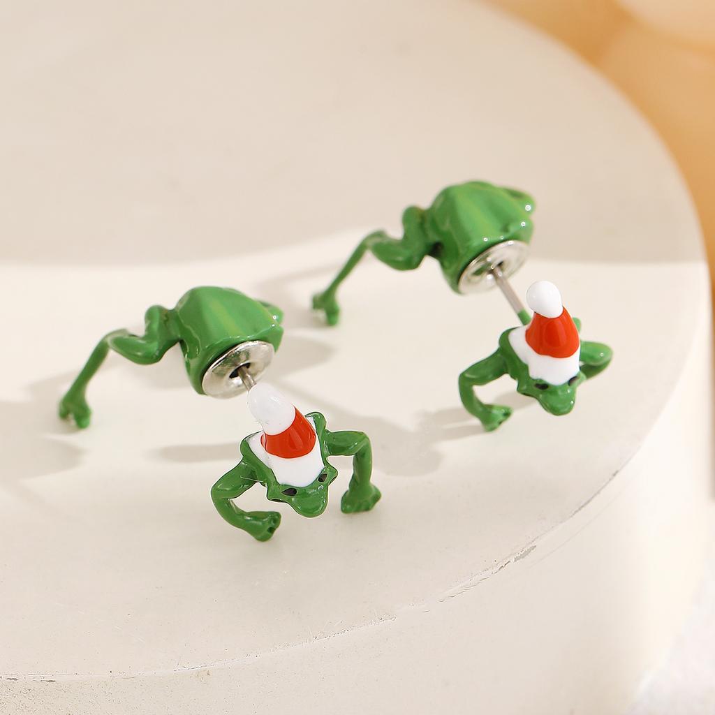 Funny Cute Green Frog Toad Animal Stud Earrings For Women Men Frog Wear A Santa Hat Piercing Earrings Christmas Party Jewelry