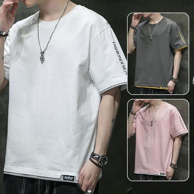 Men's M-8XL Plus Size Cotton Short Sleeve Faux Two-Piece Summer T-Shirt - Trendy Casual Sport Half Sleeve