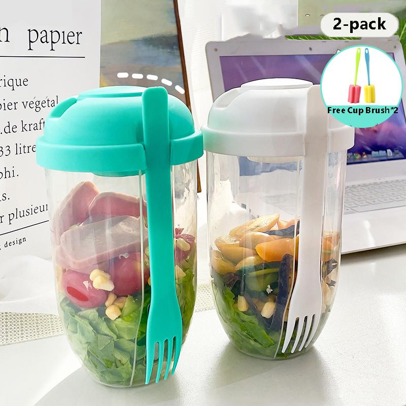 1pc/2pc Portable Salad Cup with Leak-Proof Lid & Built-in Fork Healthy Meal Prep for Lunch Breakfast Dressing Storage Salad Bowl