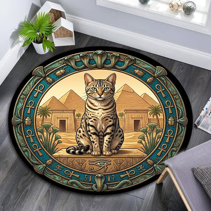 Egyptian Cat Pyramid Scene Round Area Rug Under Office Chairs Bedroom Living Room Home Decor