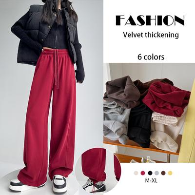 Damen Herbst Winter Einfarbige Samt Verdickung Weitbeinige Hosen Hohe Taille Freizeithosen Locker Gerade Bein Hose