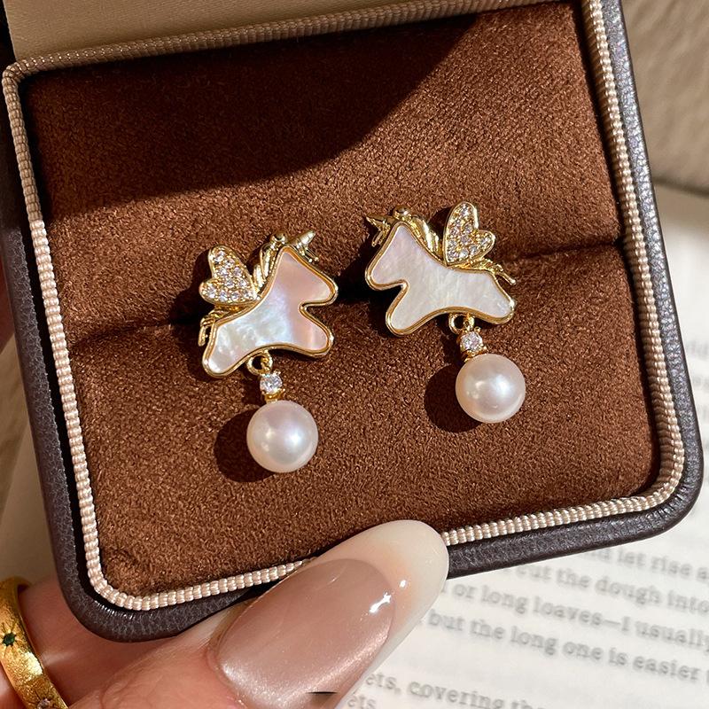 18k silver needle zircon pearl pony earrings retro natal year stud earrings