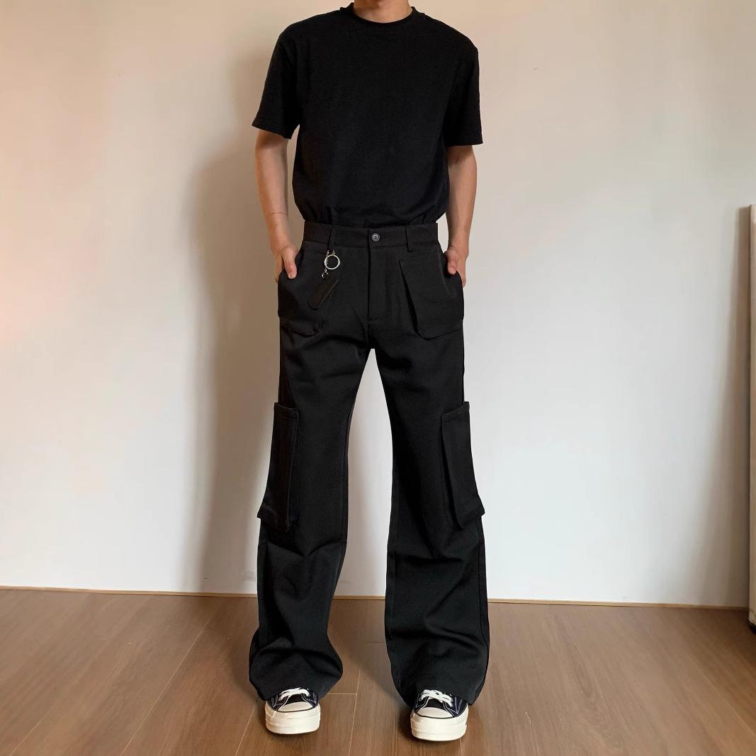 

Unisex Casual Black Flare Pants with Big Pockets - American High Street Style S