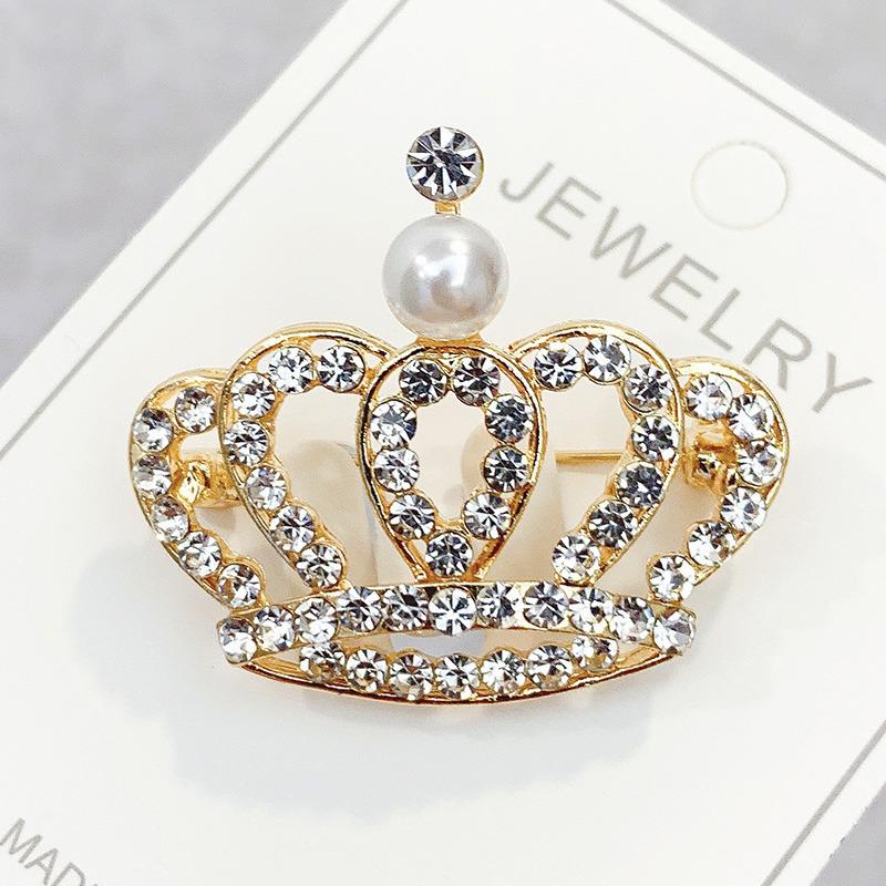 Fashion Crown Brooches Gold Color Silver Color Clear Rhinestone Pins Dress Decoration Buckle Badge Jewelry Accessories For Women