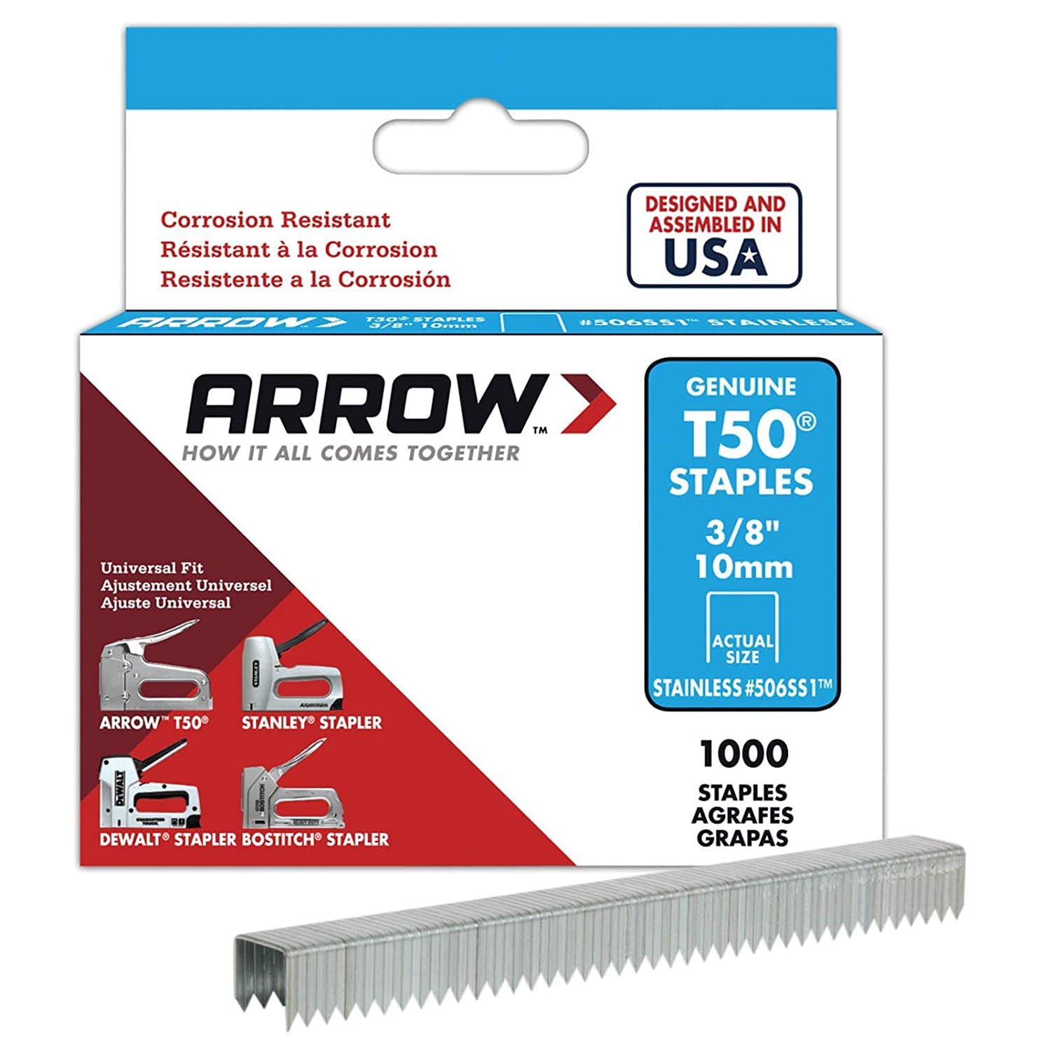 Степлерные скобы Arrow Fastener 506SS1 3/8  T50 из нержавеющей стали, Упаковка 3 шт.