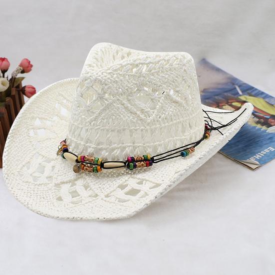 Ψάθα Καπέλο με Προστασία UPF 50+ Ρυθμιζόμενο Λουράκι Πηγουνιού Διακόσμηση με Χάντρες Διάτρητο Σχέδιο Αναπνεύσιμη Πλέξη Ρετρό Ντένιμ Ψάθα Καπέλο