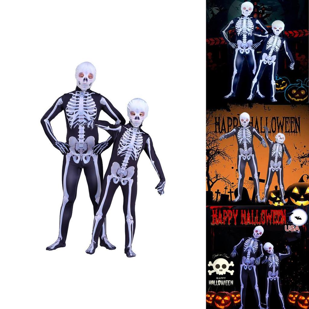 Unisex Parent-child Skeleton Man Costume Jumpsuit With Spooky Mask For Halloween Fun