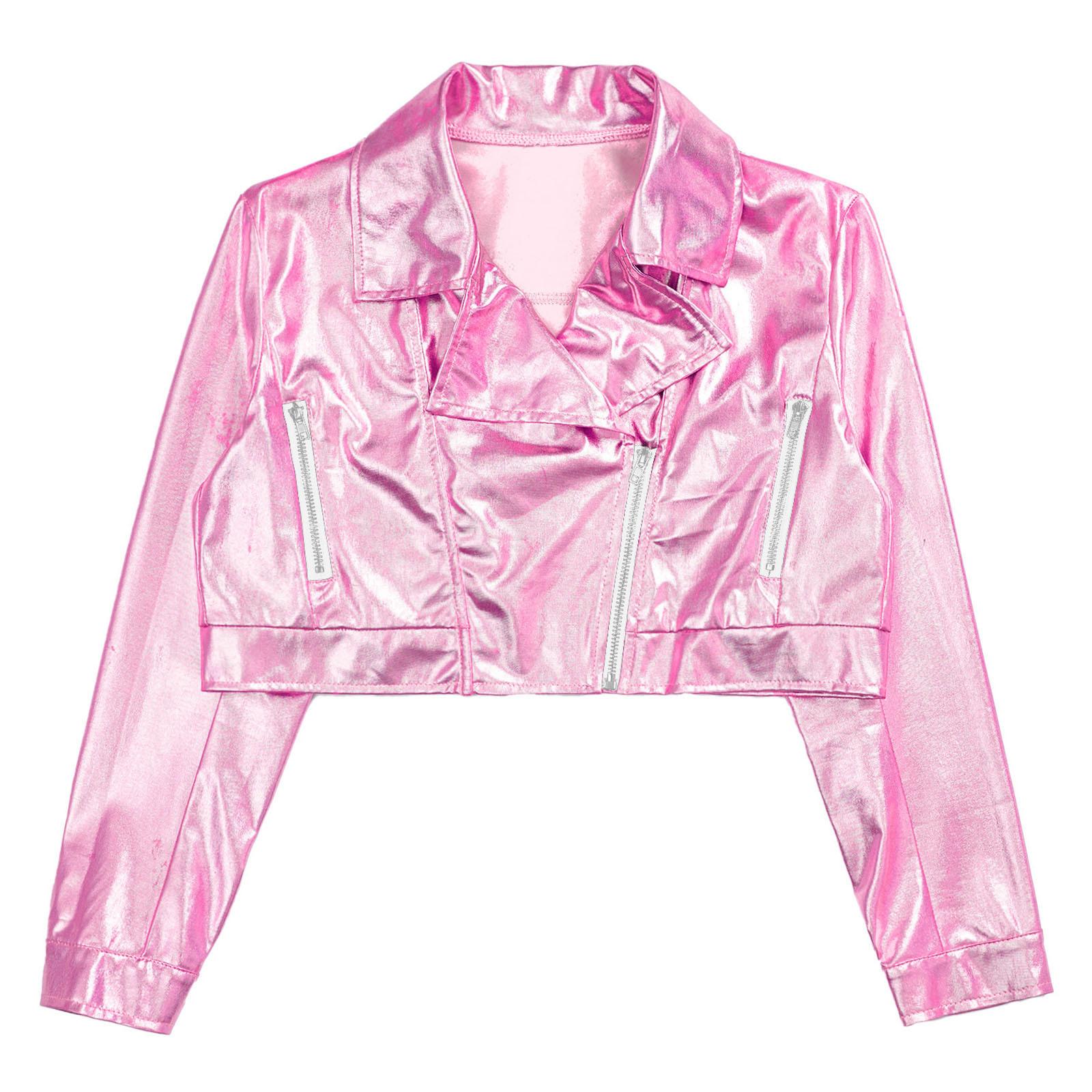 

Унісекс Дитяча Металізована Куртка на Блискавці з Відкладним Коміром, Довгим Рукавом, Верхній Одяг для Мотоспорту, Хіп-хопу, Джазу 15-16 Years рожевий