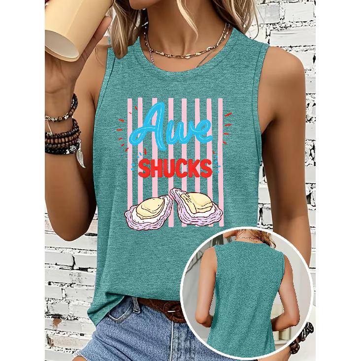 Women's Sleeveless Vest T Shirt Oyster Pink Vertical Stripe Contrast Color English Print Casual Round Neck Top Soft, Skin-friendly, Breathable,