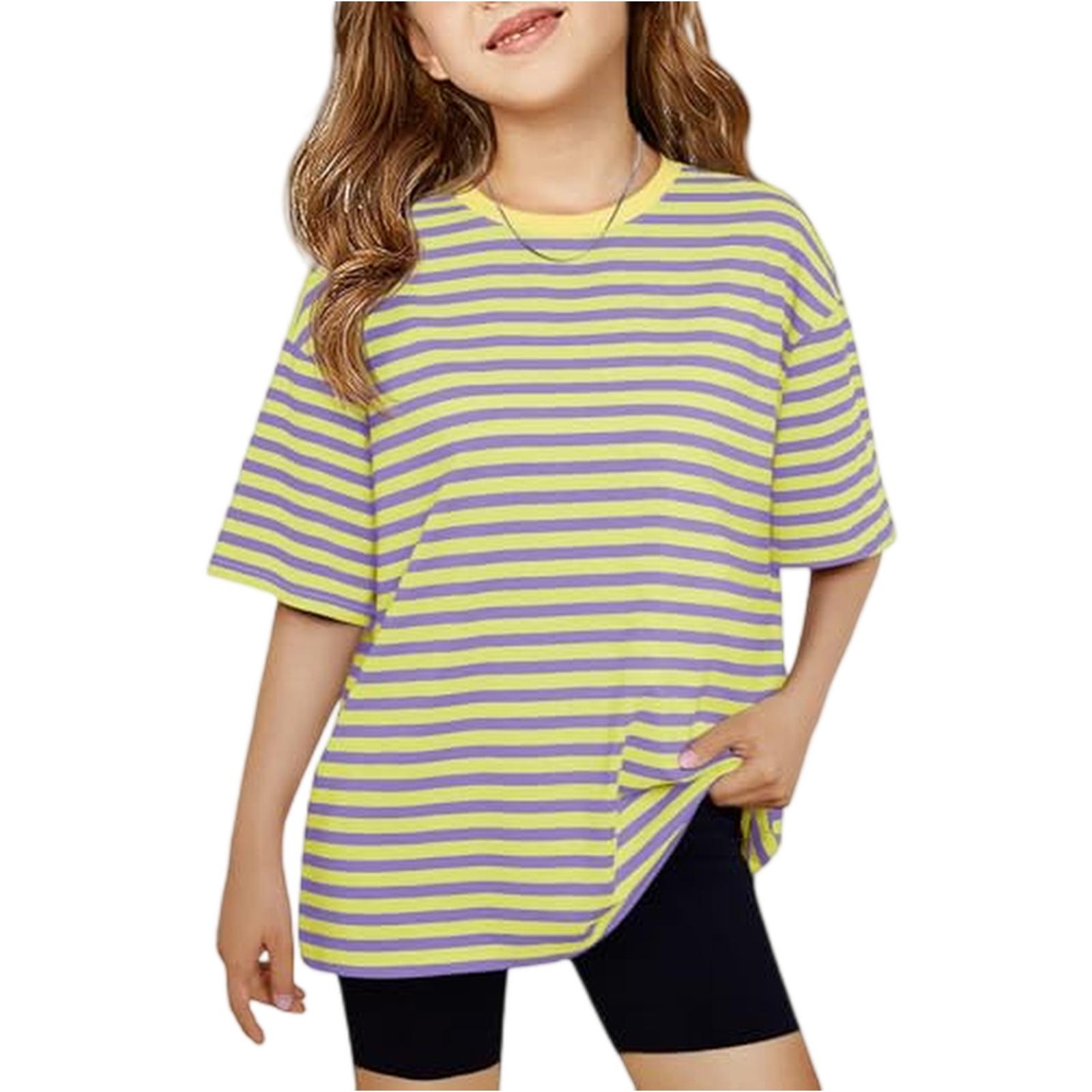 

Girls Short Sleeve Striped T Shirt Crewneck Loose Fit Casual Cotton Tee for Kids Lightweight Breathable Top for Summer Daily Wear 160 жовтий
