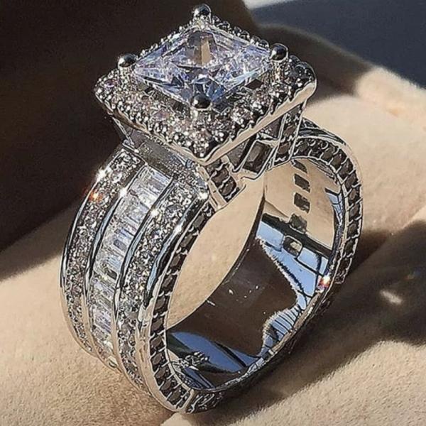 Luxury 925 Sterling Silver Pave 4pcs Princess-cut SONA Diamond Wedding Rings for Women Simulated Platinum Jewelry Girl Gift