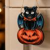 Festive Wooden Wall Hanging Halloween Door Sign, Black Cat Bat Pumpkin Plaque with Indoor Outdoor Holiday Ornament Jute Rope, Farmhouse Front