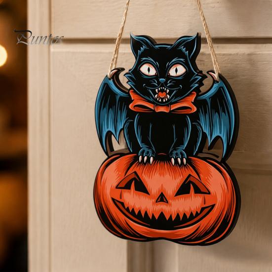 Festive Wooden Wall Hanging Halloween Door Sign, Black Cat Bat Pumpkin Plaque with Indoor Outdoor Holiday Ornament Jute Rope, Farmhouse Front
