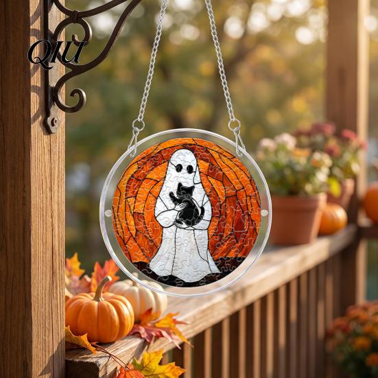 Unique Sun Catcher Gift Halloween Scary Bat Pumpkin Acrylic Jigsaw Puzzle Suncatcher, Stained Glass Style Rainbow Shadow Decor Window