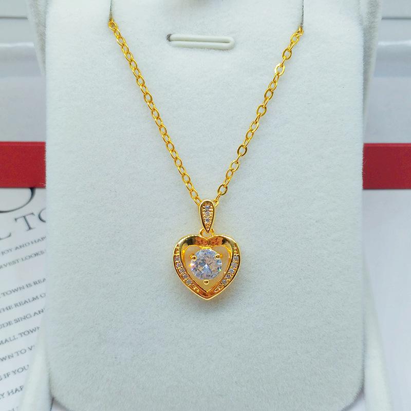 Gold Plated Heart Pendant Necklace with Micro-Paved Diamonds for Women.