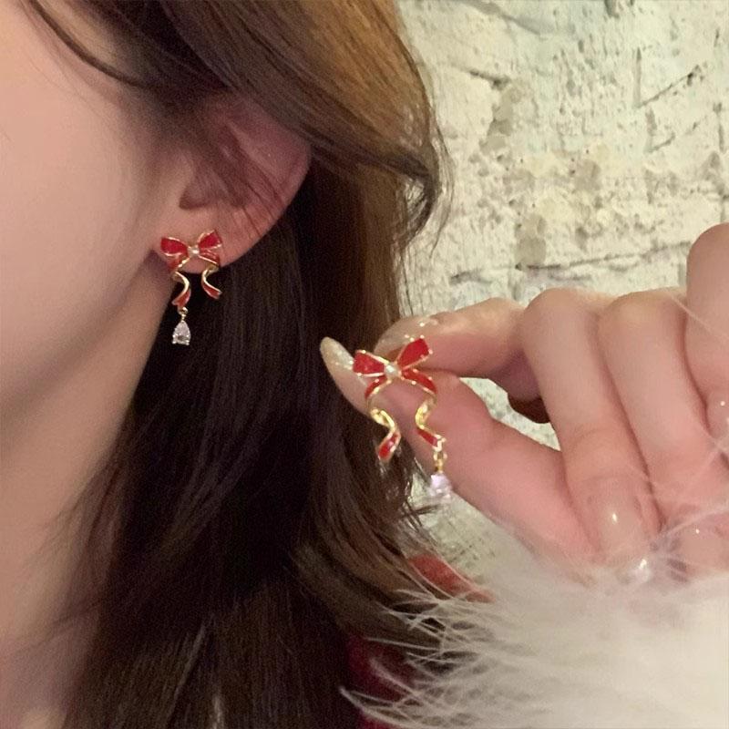 Vintage Red Bow Headband Earrings, High-End Earrings For Autumn And Winter Wedding Commuting