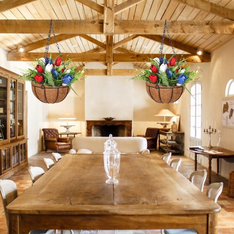 KX4B Metal Coir Hanging Basket Red White Blue Tulip Flower Pot Holder for Indoor Outdoor Garden Yard Decoration Gift