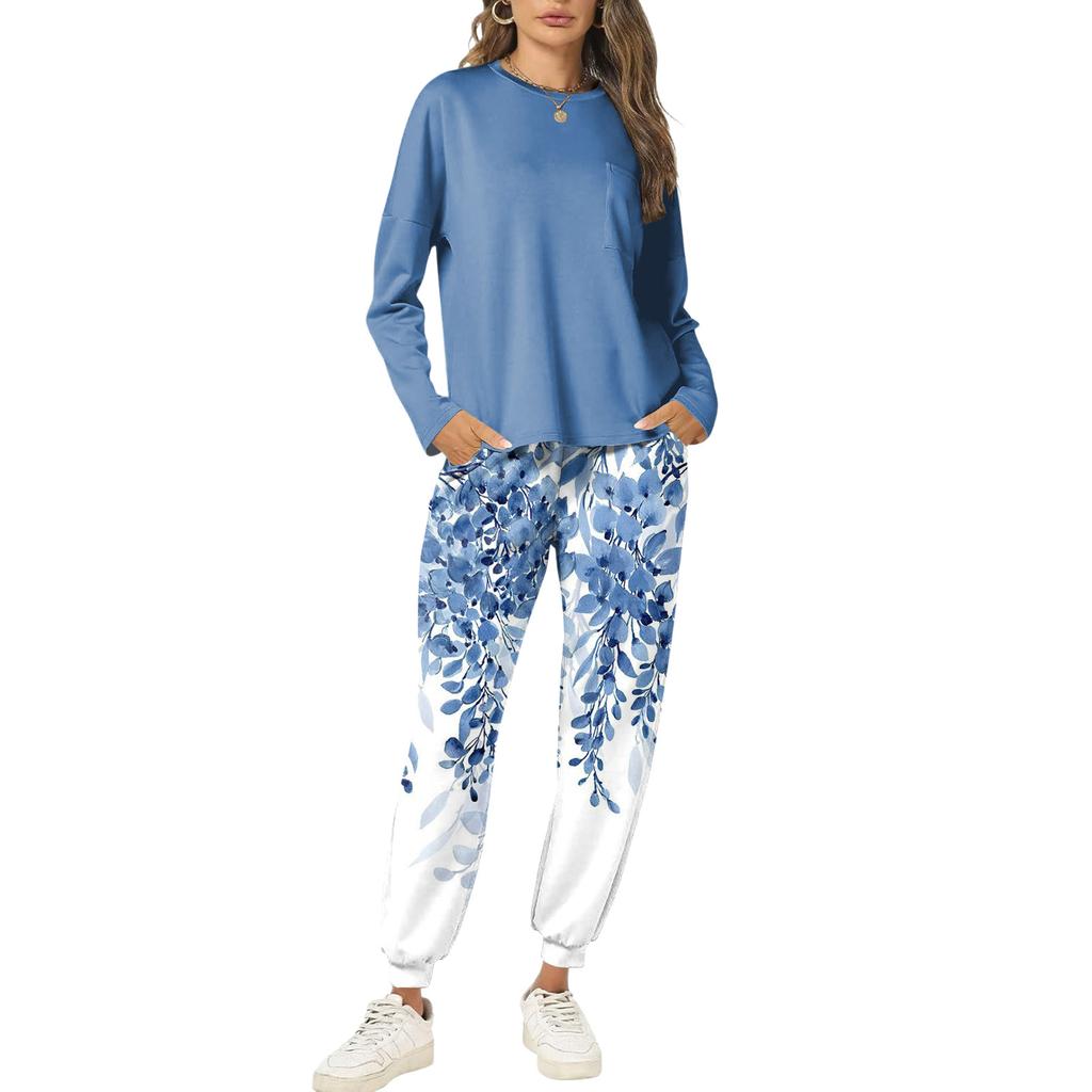 Women's Casual Loose Fit Printed Sweatshirt and Jogger Set with Chest Pocket - Round Neck 2 Piece Outfit for Daily Wear